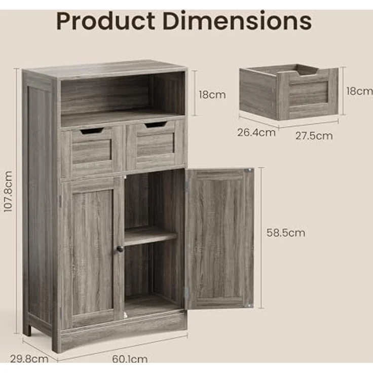 Bealife Badezimmerschrank mit 2 Schubladen, verstellbares Regal, multifunktional, für Badezimmer, Schlafzimmer, Flur (60 x 30 x 108 cm) (grau) – Bild 4