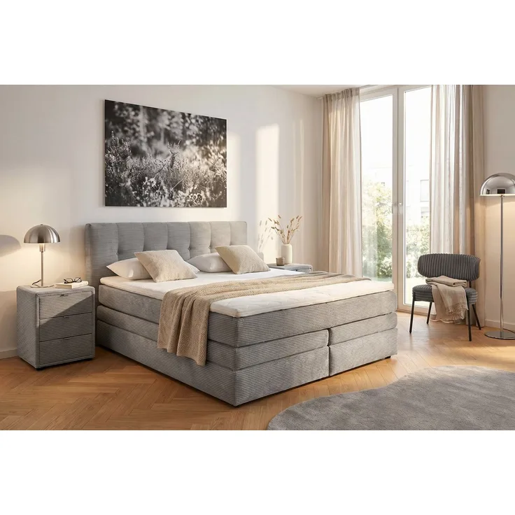 Jockenhöfer Gruppe Boxspringbett AMY mit Bettkasten, inkl. Bonnell- oder Taschenfederkernmatratze H3-H4, mit 6 cm Kaltschaum-Topper, Cord-Bezug, 180x200 und 200x200 cm