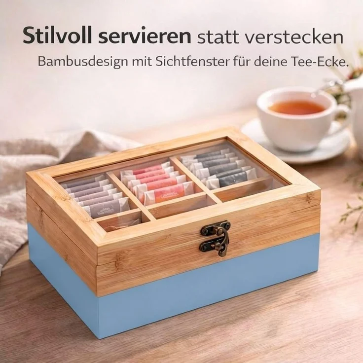 NEUSTANLO | Tee Box mit Sichtfenster | 6 Fächer Teebox aus FSC Bambus | Aufbewahrungsbox 21,5x15x8,5 cm | Teebeutel Organizer mit Retro Verschluss | Blau Natur – Bild 2