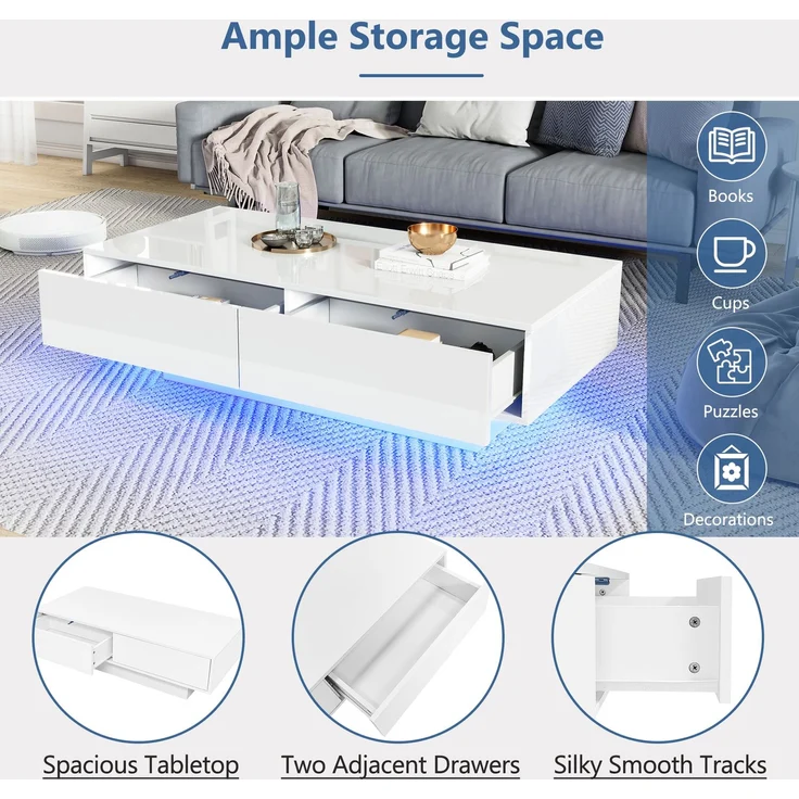 Merax Moderner Hochglanz Couchtisch in Weiß, 115 x 55 x 34 cm, mit 2 Schubladen, LED-Beleuchtung und 30 kg Tragkraft – Eleganter Wohnzimmertisch – Bild 7
