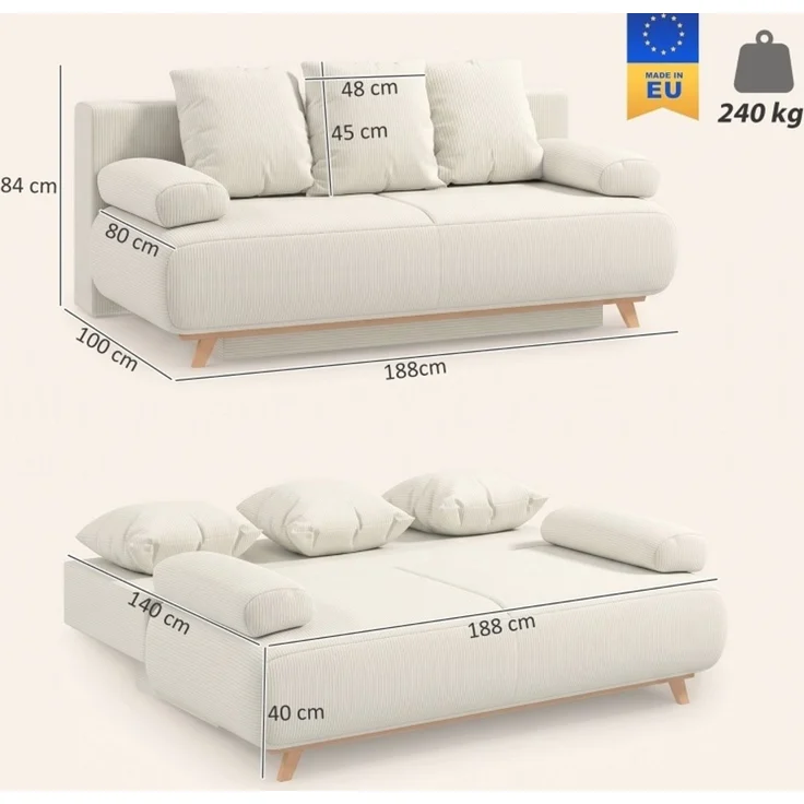 DESVIAE Schlafsofa Beige aus Holz – 193x60x80 cm – Bettfunktion, Stauraum – Bild 9