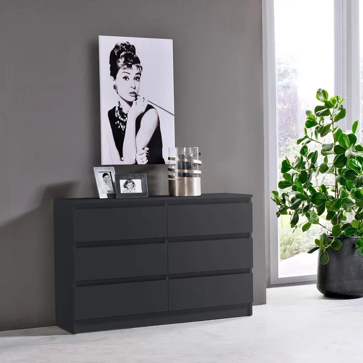 Home Collective Kommode mit 6 Schublade 80, 100, 120, 140 cm breit Holz Schrank (Highboard Anrichte Schlafzimmer Wohnzimmer Flur Büro Organizer), Kommode 120 cm breit Kommode Sideboard, Anthrazit – Bild 8