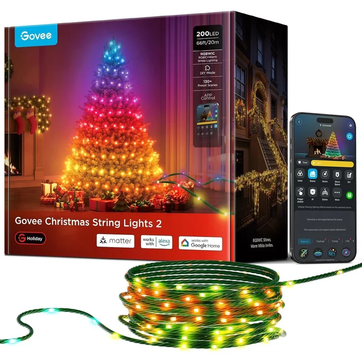 Govee Christmas Lights, RGBWIC 20M Weilnachtsbeleuchtung Außen, 200 LEDs Lichterkette Innen für Weilnachtsbaum, Shape-Mapping,130+ Szenen-Modi, IP65 Wasserdicht, Kompatibel mit Alexa, Grünes Kabel