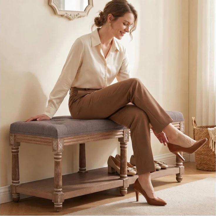 HomeMiYN Sitzbank Ottoman Sitzbank 2-Sitzer Polsterbank Leinenoptik bequem 240 kg (Packung), aus Massivholz Eiche – Bild 2