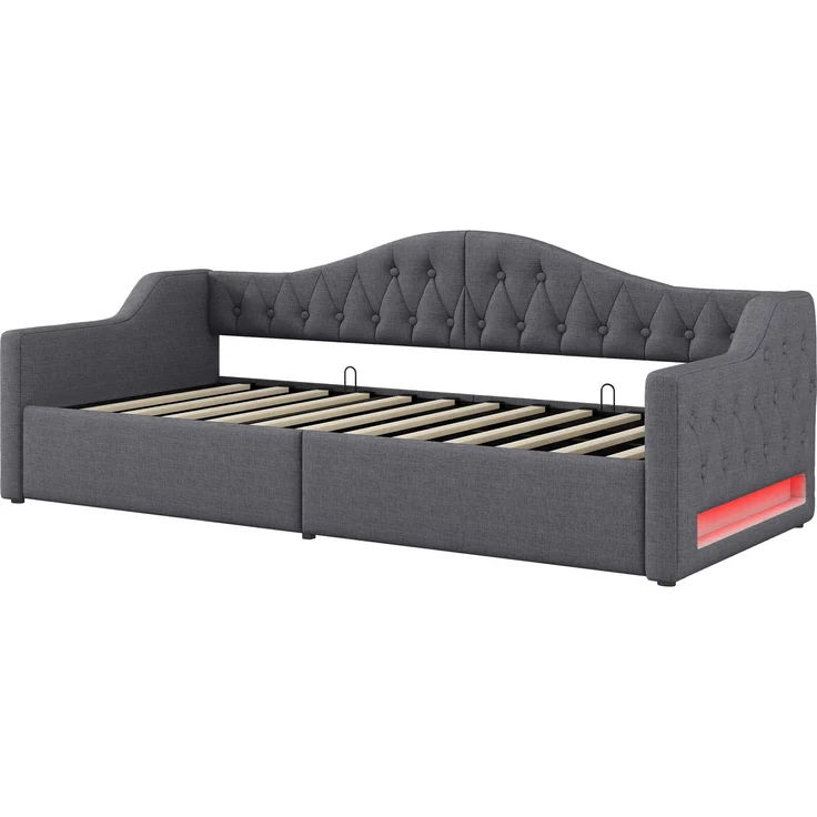 Gepolstertes 90x200 Tagesbett mit LED-Gürtel und Stauraum darunter, Grau – Bild 7
