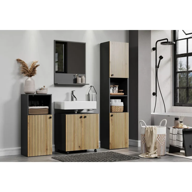 Badezimmer Hochschrank Bliss in Evoke Eiche und grau 40 x 186 cm – Bild 6