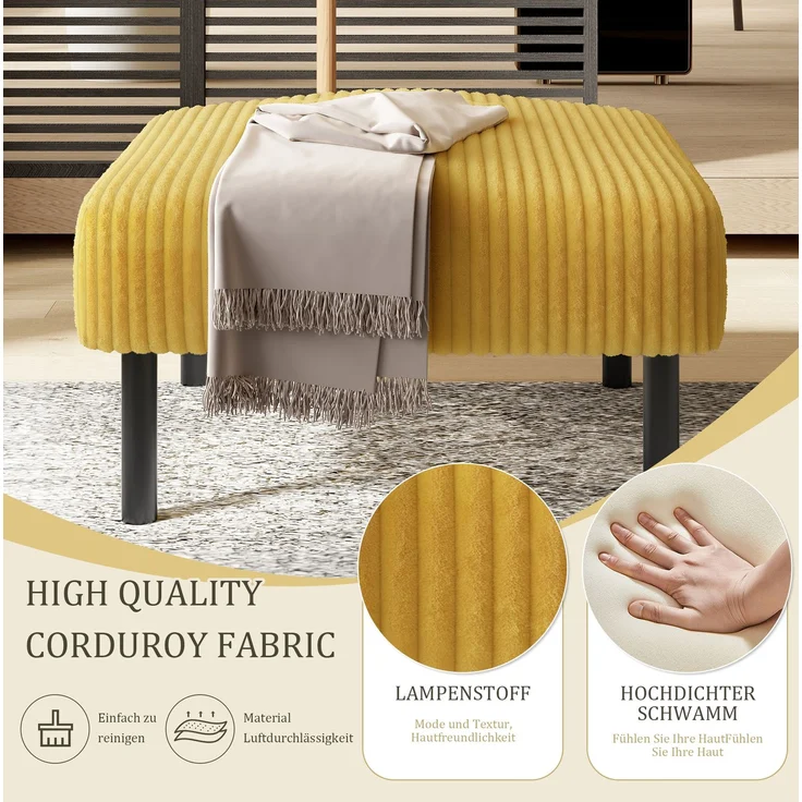 Fußhocker aus Cord mit Polsterung und Metallgestell, 56x51x39 cm, Gelb – Bild 9