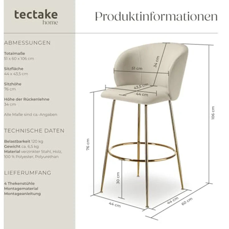 tectake Barstuhl Luana, Creme, Gold, gepolstert, ergonomisches Design, 51x106 cm, Esszimmer, Barhocker – Bild 3