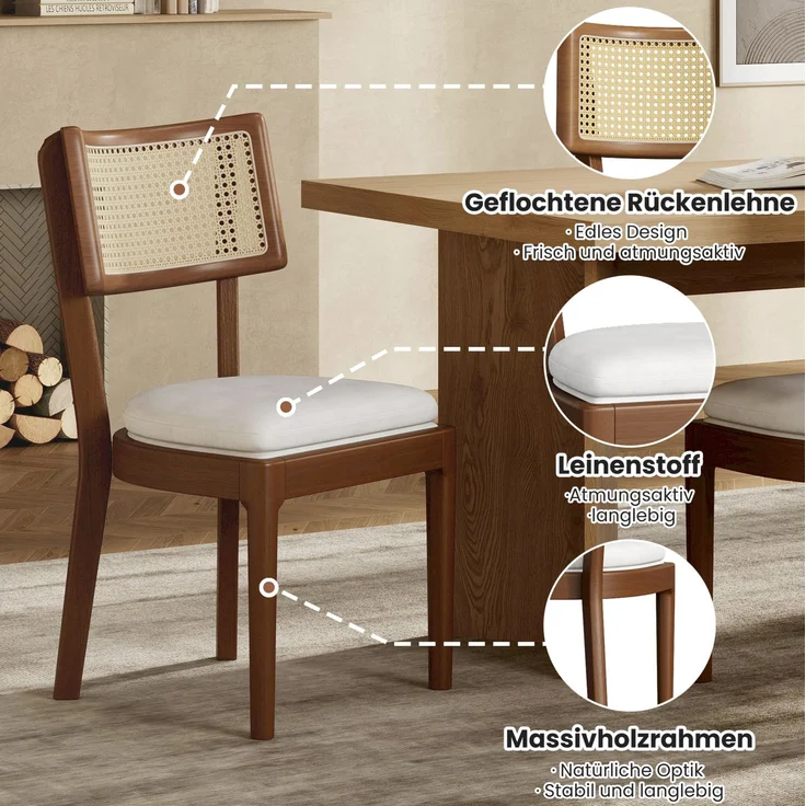 Esszimmerstühle 2er-Set 88cm×50cm×58cm aus Massivholz und Rattan – mit Leinenkissen, Walnuss – Bild 3