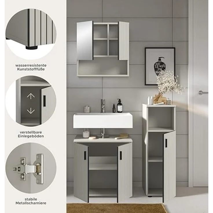 xonox. home – Badkombination Mone 105x180x30 cm in Kaschmir Nachbildung – 3-teiliges Set inkl. Waschbeckenunterschrank, Spiegelschrank & Badschrank – Stilvolle Einrichtungslösung mit kompakten Maßen – Bild 7