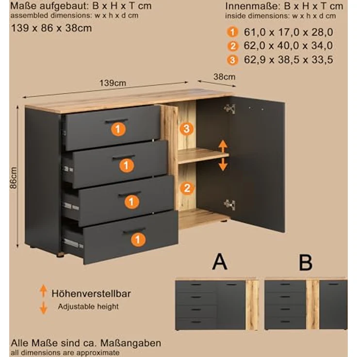 Sideboard Esteban in grau und Eiche Evoke 139 cm – Bild 3