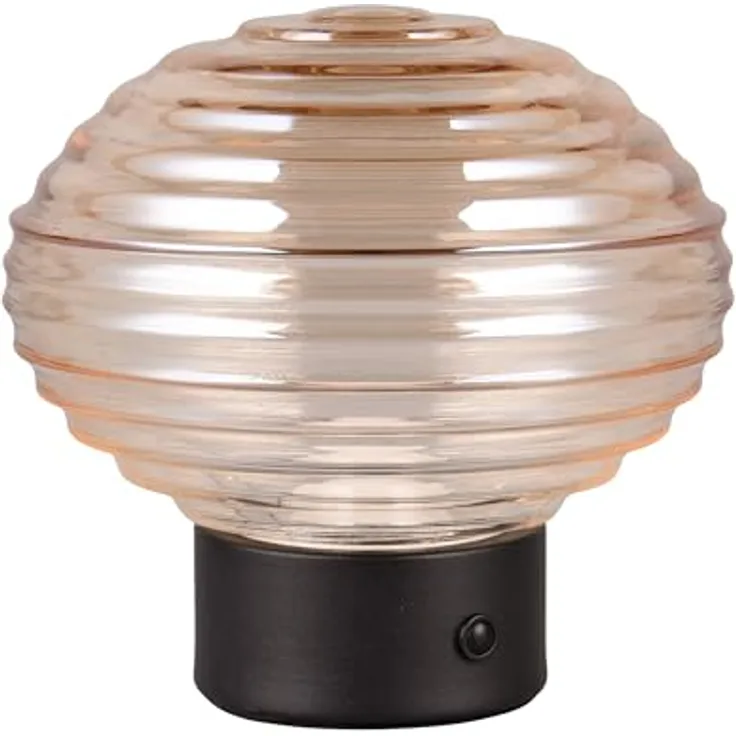 TRIO Lexie Tischlampe, moderne dimmbare Leuchte in Schwarz mit wiederaufladbarem Braunglas, Touch-Dimmer, nicht austauschbare LED, rund