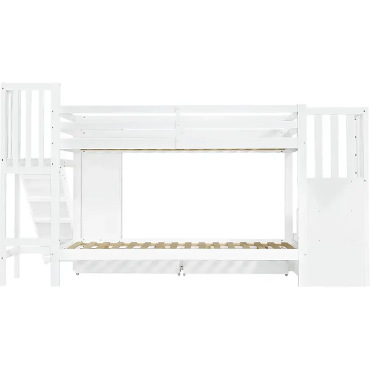 Etagenbett mit 2 Liegeflächen, Rutsche, Treppe, Regal, Schubladen, Stauraum und Rausfallschutz, 90x200cm, Kinderbett, Jugendbett, Kiefer – Bild 7