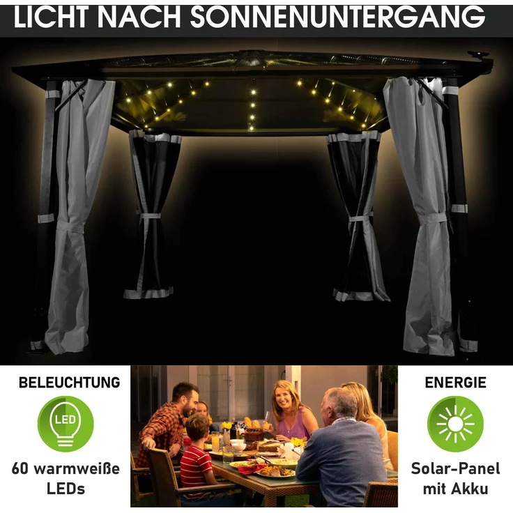 BRAST Alu-Pavillon Summerdream 3x3m grau festes Dach wasserdicht + Moskitonetz + LEDs – Bild 5