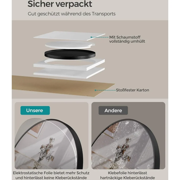 SONGMICS 61 cm d Spiegel rund, runder Spiegel, Wandspiegel, Metallrahmen, einfache Montage, modern, für Bad, Wohnzimmer, Schlafzimmer, Flur, Eingangsbereich, tintenschwarz LWM102BD03 – Bild 5