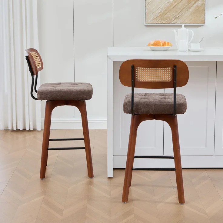 2er-Set um 360° drehbare Barhocker, Küchen- und Frühstücksbarhocker mit Rückenlehne, Rückenlehne aus Rattan mit gepolsterter Sitzfläche, Barhocker im modernen Mid-Century-Stil(Braun, Chenille)--Kaffee--51x44x96cm--YOUDENOVA – Bild 7