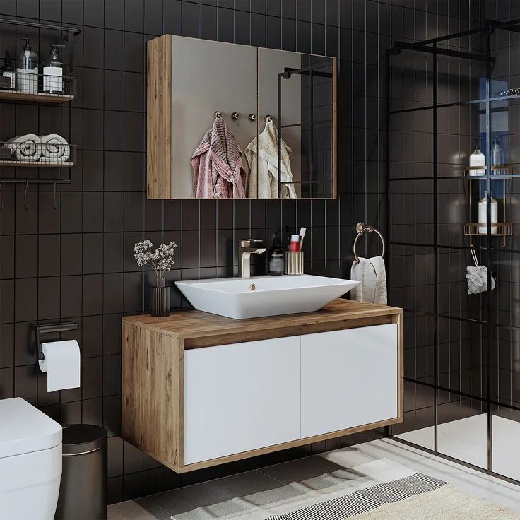 Roomart ATLANTIC-100 Badmöbel Set– 3-teiliges Badezimmermöbel Set - Unterschrank, Waschbecken & Spiegelschrank - H 45 x B 45 x T 100 cm • Weiß-Eiche