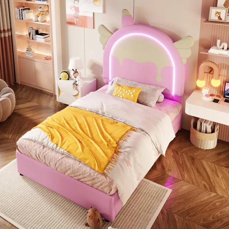 Prinzessinbett mit LED-Beleuchtung, Kopfteil und Schubladen, 90x200cm, Mädchenbett, Polsterbett für Mädchen, Einzelbett, Kunstleder – Bild 2