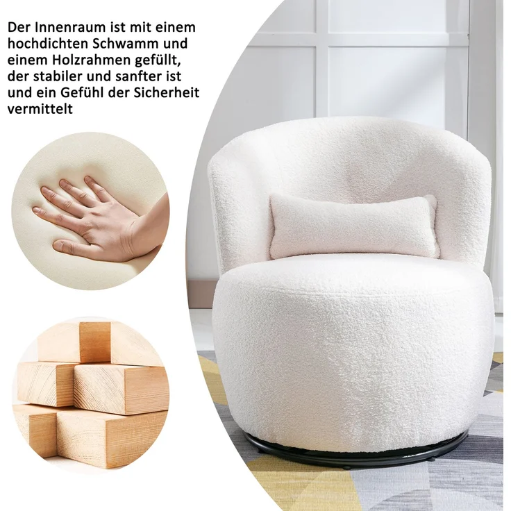 Schaukelstuhl aus Teddyplüsch in Weiß mit 360° Drehfunktion, ergonomischer Lendenstütze und Holzrahmen, Loungesessel mit Metallfuß – Bild 6