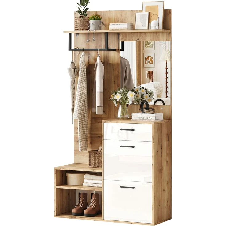 Faumrta 100*38.5*190cm Garderoben-Set mit Spiegel, Schuhbank, Schuhschrank, Flurschrank, Hängeschrankregal, Kompaktgarderobe, Mit 1 Schublade und 2 Schränken, viel Stauraum, Weiß + Original Holzfarbe100CM*38.5CM*190CMNaturalSpanplatte – Bild 7