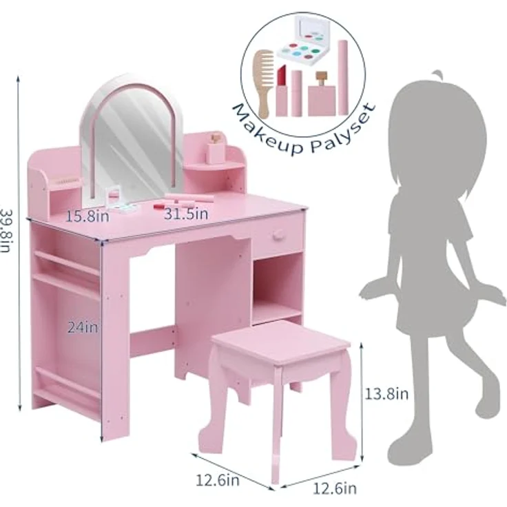 GarveeLife Schminktisch für Kinder mit Hocker und LED-Spiegel, Kleiner Schminktisch mit Schublade und 1 offenen Fächern, für Mädchen von 3 – 6 Jahren, Rosa, inklusive Zubehör – Bild 5
