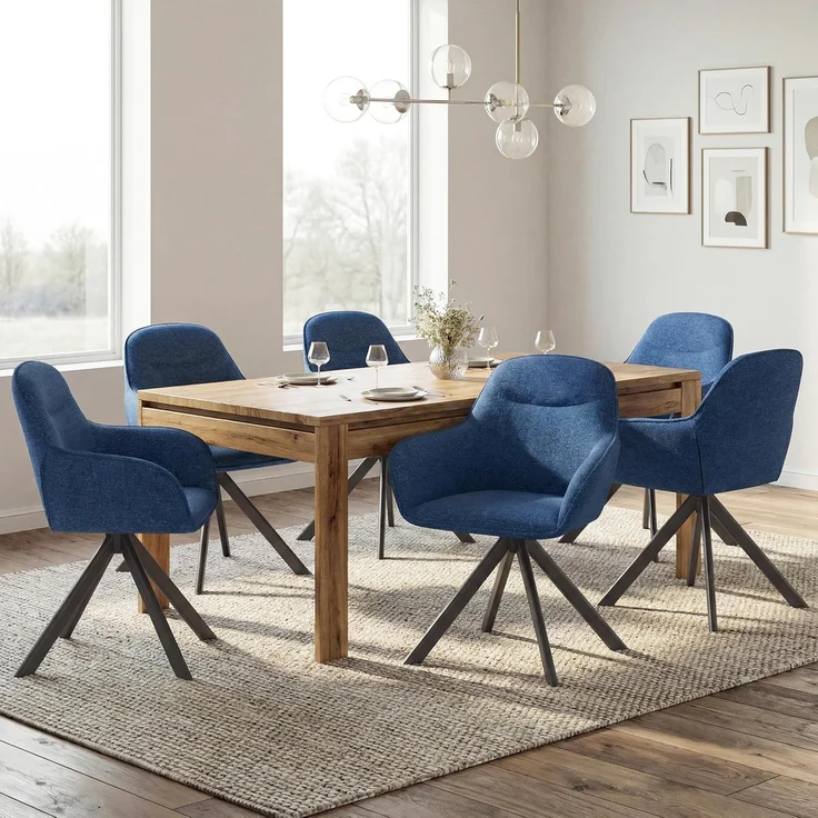 GOEURVANT 1370 Esszimmerstühle 6er-Set mit Armlehnen, 360° Drehbar, Chenille - Blau – Bild 2