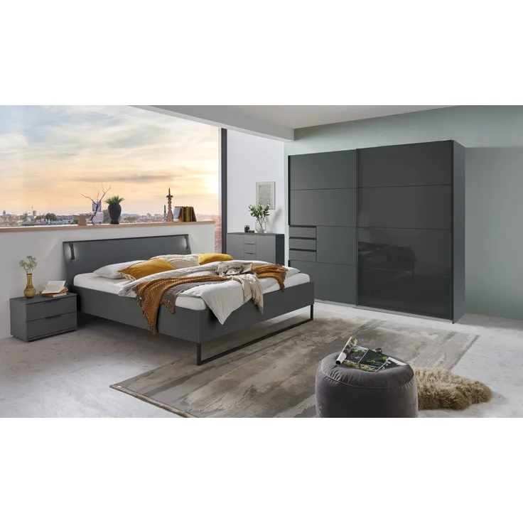 Schlafzimmer-Set >Tilburg< (5tlg.) Bett 188x92x210cm, Schrank, 2 Nachtkommoden, Sideboard, Grafit