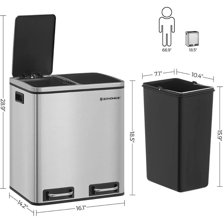 Songmics Mülleimer mit Deckel mit langsamem Verschluss, Inneneimern & Griffen, Silber, 2 Fächer, 2x15 Liter – Bild 3