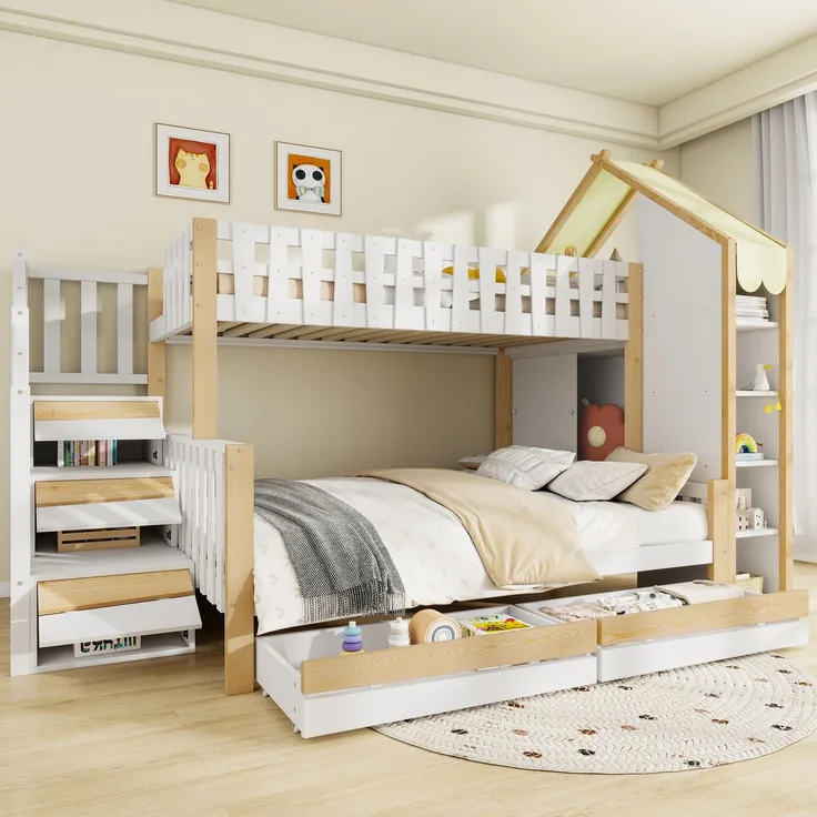 Etagenbett 90x200 cm + 140x200 cm mit Hausdach-Design, Sicherheitsgeländer, Stauraumleiter, offenen Fächern & 2 Schubladen