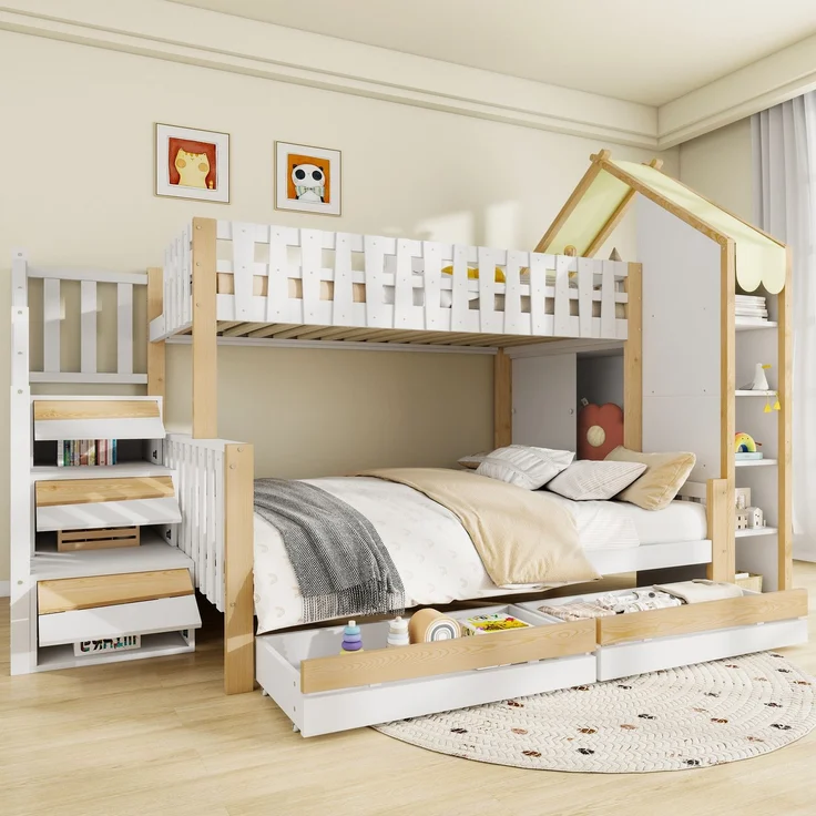 Etagenbett 90x200 cm + 140x200 cm mit Hausdach-Design, Sicherheitsgeländer, Stauraumleiter, offenen Fächern & 2 Schubladen – Bild 1