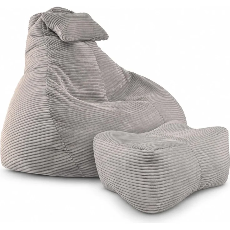 Sitzsack für Erwachsene mit integrierter [Nackenstütze] Cord | XXL Indoor Bean Bag mit Füllung | perfekt als Chill-, Lese- oder Gaming Sessel (90 x 80 x 70 cm) (Sitzsack & Hocker Leichtgrau) – Bild 1