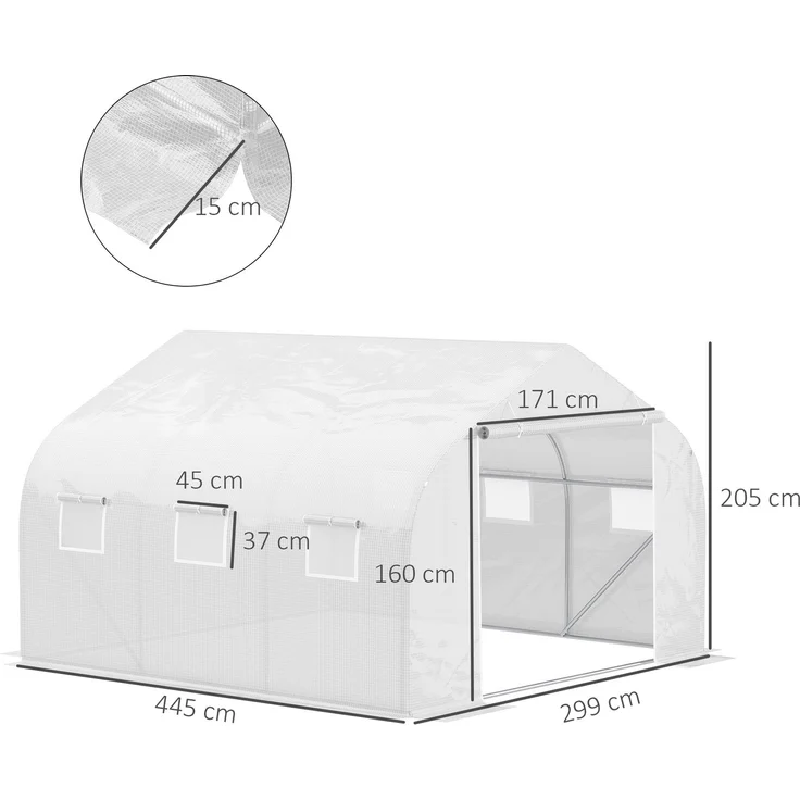 Wohnora-Foliengewächshaus 4,45x2,99x2,05m UV-Schutz Tomatenhaus, Mesh-Fenster, Winddicht, Metall, Weiß,H 205cm x T 445cm x B 300cm – Bild 1
