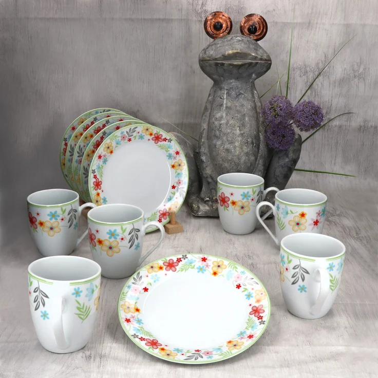 12tlg Frühstücksset Variant Blümchen Porzellan 6 Personen Teller klein Kaffeebecher – Bild 3