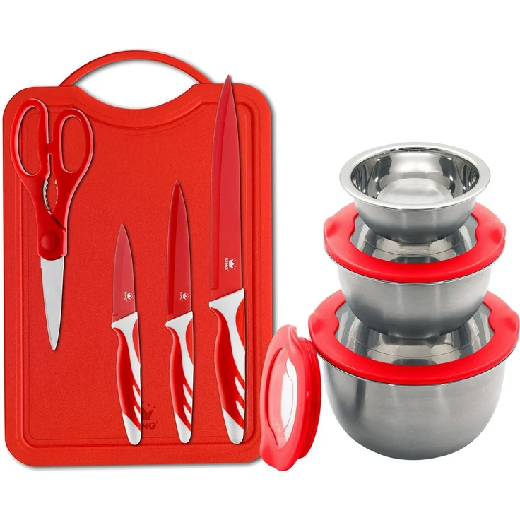 KING Schneidebrett »FRESHIN«, Edelstahl, Kunststoff, (Spar-Set, 11-St, Schüsselgrößen: Ø17.5 Ø14.5 Ø12cm, 3 Messer, 1 Schneidebrett, 1 Schere), Schüsseln Edelstahl, mit Frischaltedeckel, Schneidebrett