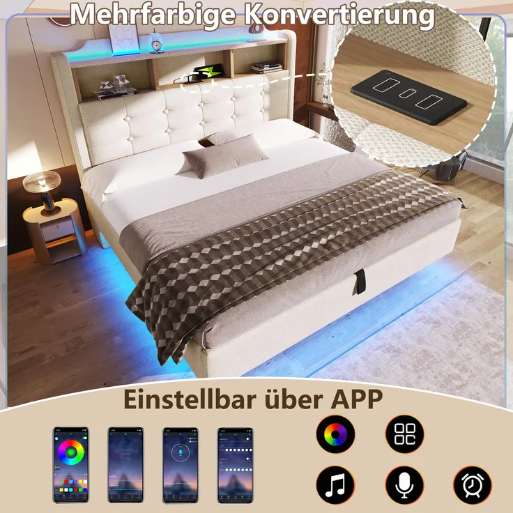 Polsterbett mit LED-Streifen und Stauraum, 140x200 cm, Kopfteil, USB/Type-C Anschlüsse, Doppelbett, Stauraumbett, Leinen – Bild 2