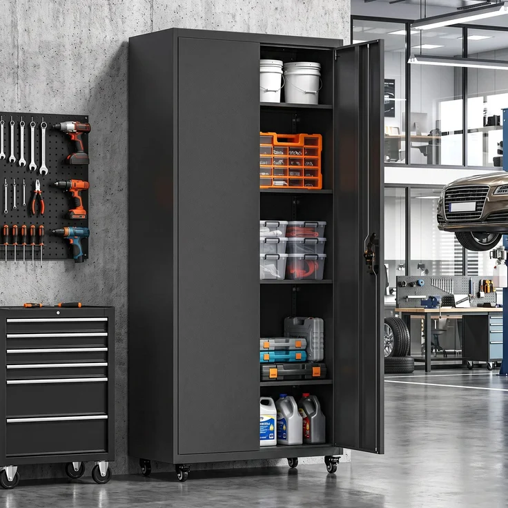 MELAYR, Aktenschrank, Abschließbar Metallschrank mit Rollen, Verstellbaren Ablagen, aus Stahl, 80 x 40 x 180 cm Schwarz – Bild 3