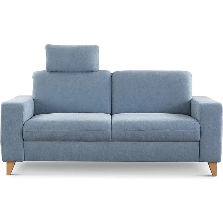 CAVADORE 2,5-Sitzer Sofa Lotta / Skandinavische 2,5er-Couch mit Federkern, Kopfstütze und Holzfüßen / 183 x 88 x 88 / Webstoff, Hellblau