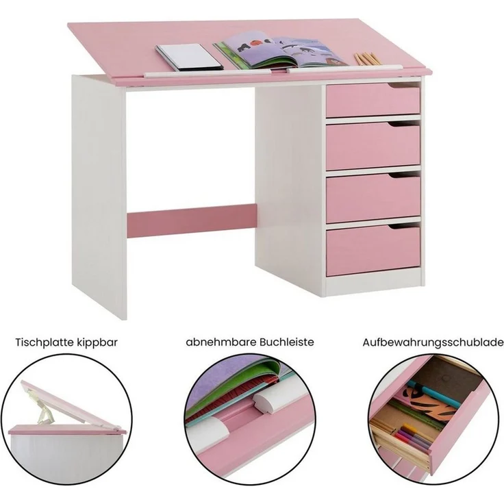 IDIMEX Kinderschreibtisch EMMA, Schreibtisch mit Schubladen, neigbare Tischplatte aus massivholz rosa – Bild 2