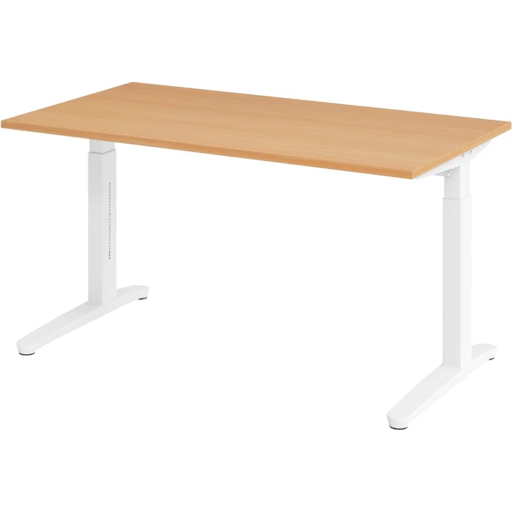 bümö manuell höhenverstellbarer Schreibtisch 140x80 in Buche, Gestell in weiß - PC Tisch höhenverstellbar & klein, höhenverstellbarer Tisch Büro, kleiner Computertisch verstellbar, X14-6-WW – Bild 1