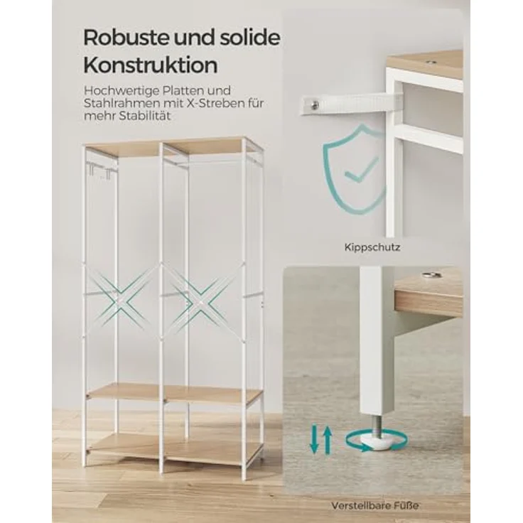 SONGMICS Kleiderschrank offen, Kleiderständer, Garderobenständer, Garderobe mit Kleiderstange, Ablagen, abnehmbare Haken, 40 x 94,5 x 180 cm, naturbeige RGR004W67 – Bild 6