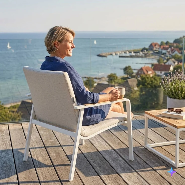 KETTLER DIAMOND Lounge Sessel Polster Sunbrella weiß Teak – Bild 2