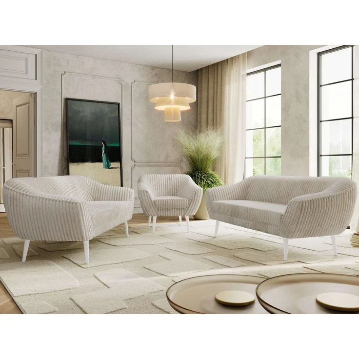 Wohnzimmerset, Möbelset PIRS 3-3-1, Armlehnen, Wellenfederung, weiße Füße, Dreisitzer Sofas mit Sessel, Polstermöbel Set - Beige Cord – Bild 1