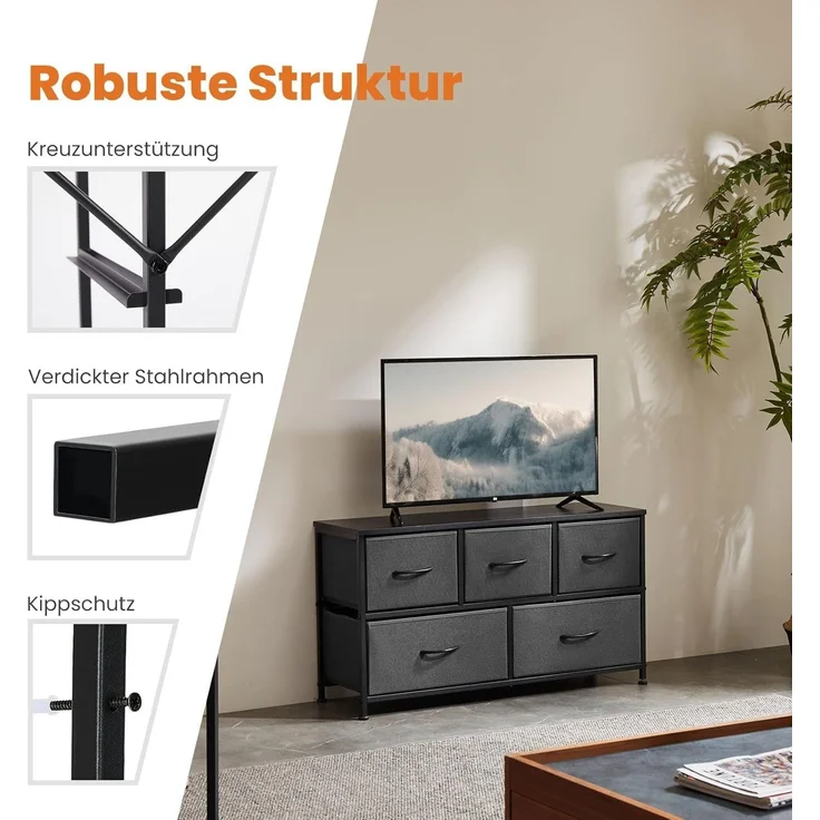 Sweetcrispy Kommode,Sideboard Wohnzimmer für Schlafzimmer mit 5 Stoffschubladen,Einstellbare Füße Schubladenschrank,Komodenschrank für Schlafzimmer,Modernes Grau – Bild 4