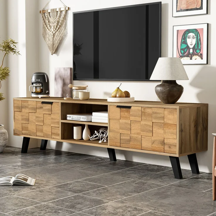 TV-Schrank Fernsehtisch Lowboard Holzoptik modern 160 cm Sideboard Medienkonsole mit Türen und offenen Fächern Wohnzimmermöbel – Bild 2