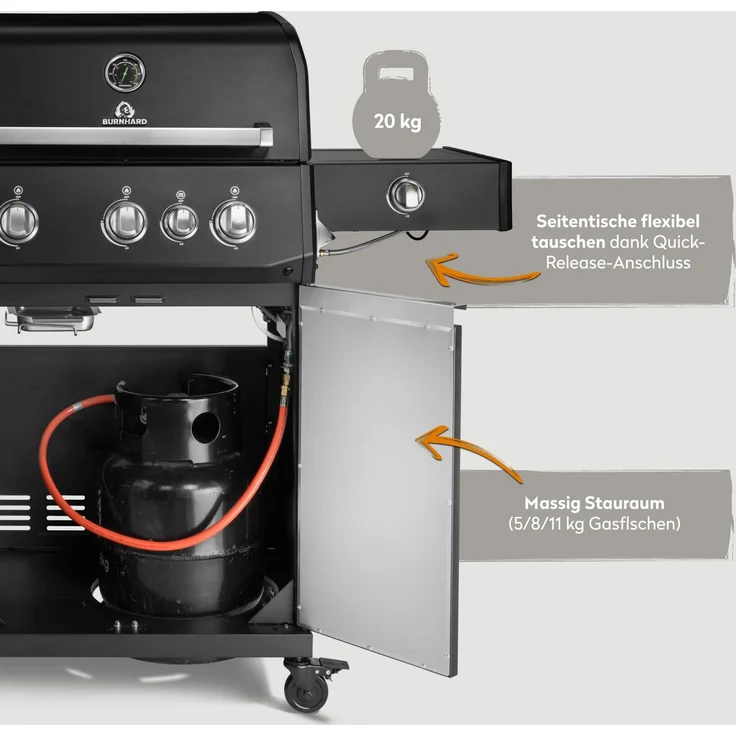 BURNHARD® Gasgrill 3-Brenner 2x Edelstahl-Stabbrenner à 3,75 kW, 1x Infrarot-Keramikbrenner à 3,75 kW, Seitenkochfeld, Edelstahlrost, Piezo-Zündung – FRED Deluxe - Schwarz - #947129 – Bild 5