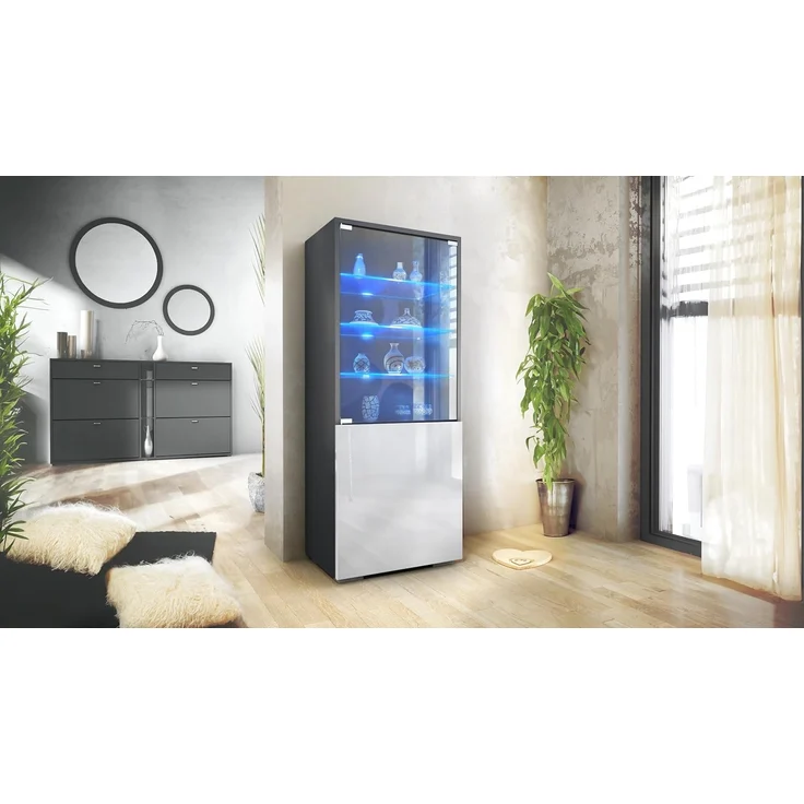 Vladon Standvitrine Granada (Vitrinenschrank, mit Glastür und Glaseinsatz inkl. LED) Anthrazit matt/Weiß Hochglanz (50 x 122,5 x 34,5 cm) – Bild 2