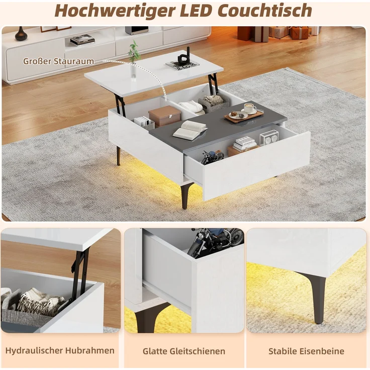 EINHOM 70 x 70 x 35 cm Couchtisch, Höhenverstellbarer Kaffeetisch mit Verstecktem Stauraum und Ablagen, Weißer Hochglanz-Wohnzimmertisch, Schreibtisch mit LED, Sofatisch mit Schubladen – Bild 4