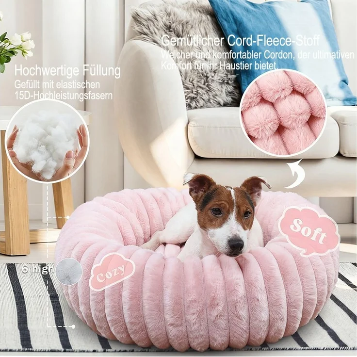Ledander Tierbett Donut-Hundebett in mittlerer Größe, waschbar, flauschig,Hundekissen, aus Kunstfell mit Cord-Fleece-Futter und rutschfester Unterseite – Bild 2
