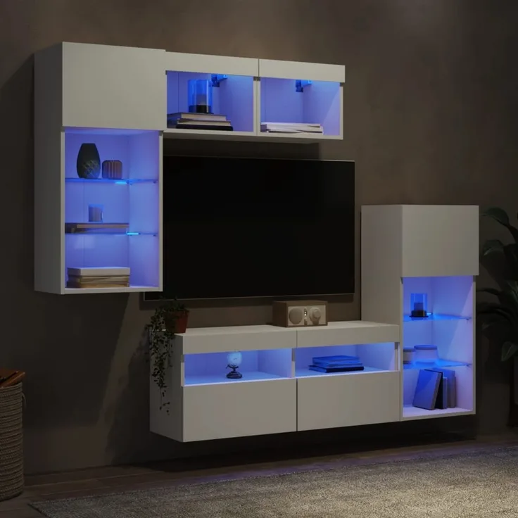 vidaXL 5-tlg. Wohnwand mit LED-Beleuchtung Weiß Holzwerkstoff 3216725
