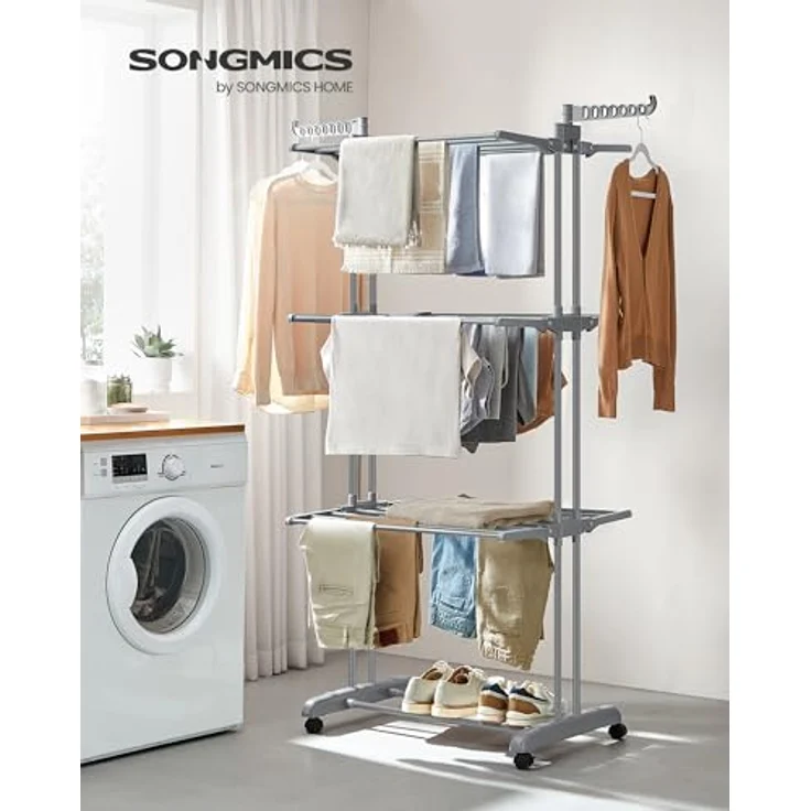 SONGMICS Wäscheständer, Standtrockner 4 Ebenen, Flügelwäscheständer, klappbare Flügel, mit Rollen, 63,5 x 128 x 173 cm, groß, einfacher Aufbau, Taubengrau LLR701G01 – Bild 2